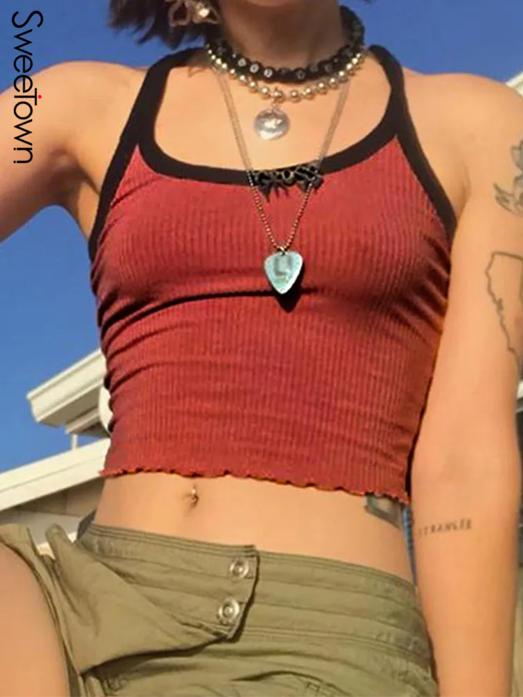 

Sweetown 2021 Summer New Fashion Contrast Color Tank Top Women Casual Fitness Clothing Off Shoulder Strapless Crop Top Camisole