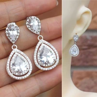 silver color wedding dangle earrings with crystal pear cubic zirconia simple and elegant womens earrings trendy jewelry