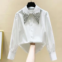 beaded doll collar shirt womens 2022 autumn new loose puff sleeve top design white shirt blouse chiffon casual button