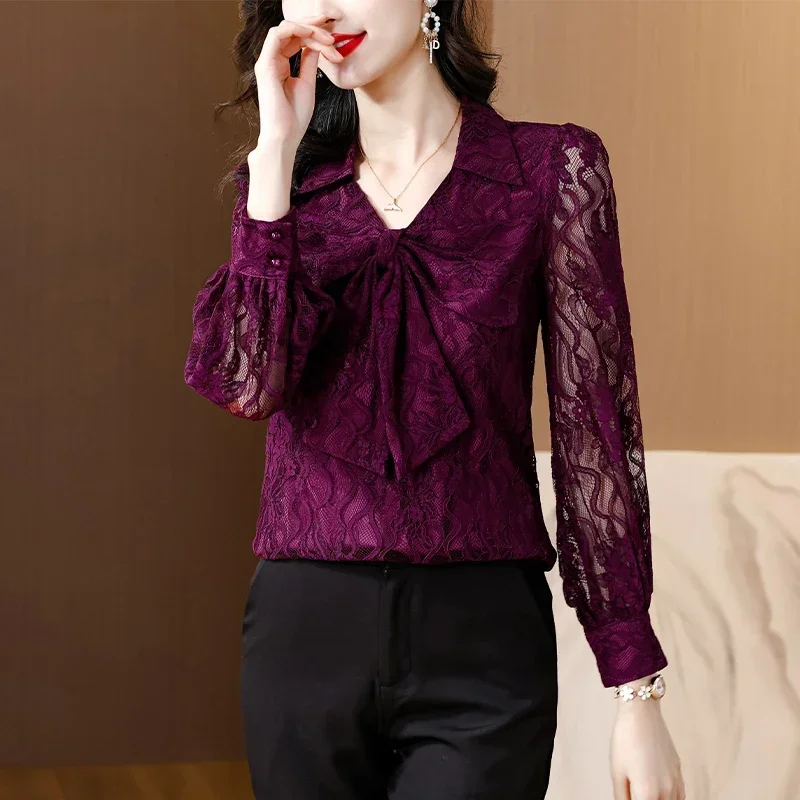 Новая кружевная женская блузка с отложным воротником и бантом длинным рукавом