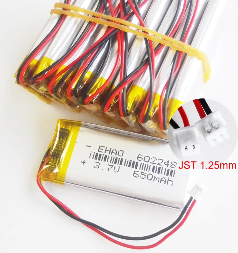 

Литий-полимерная аккумуляторная батарея 3,7 в, 650 мАч, 10 шт., 602248 + JST, 1,25 мм, 2-контактный разъем для mp3-плееров, GPS, видео, игровых динамиков