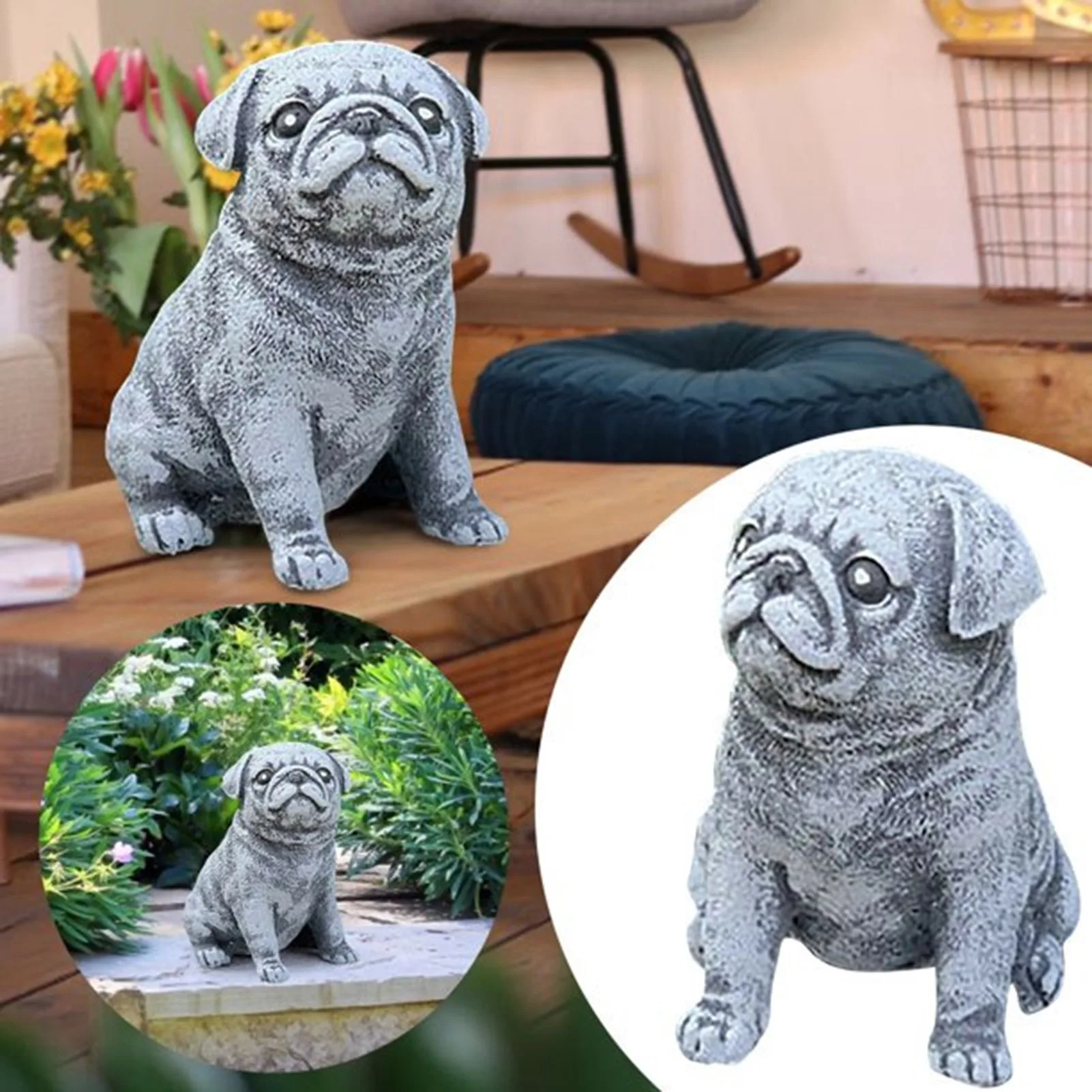 Cute Pug Dog Statue Puppy Sculpture Imitation Stone Resin Crafts Garden Ornaments Backyard Decor Outdoor Patio Decoration