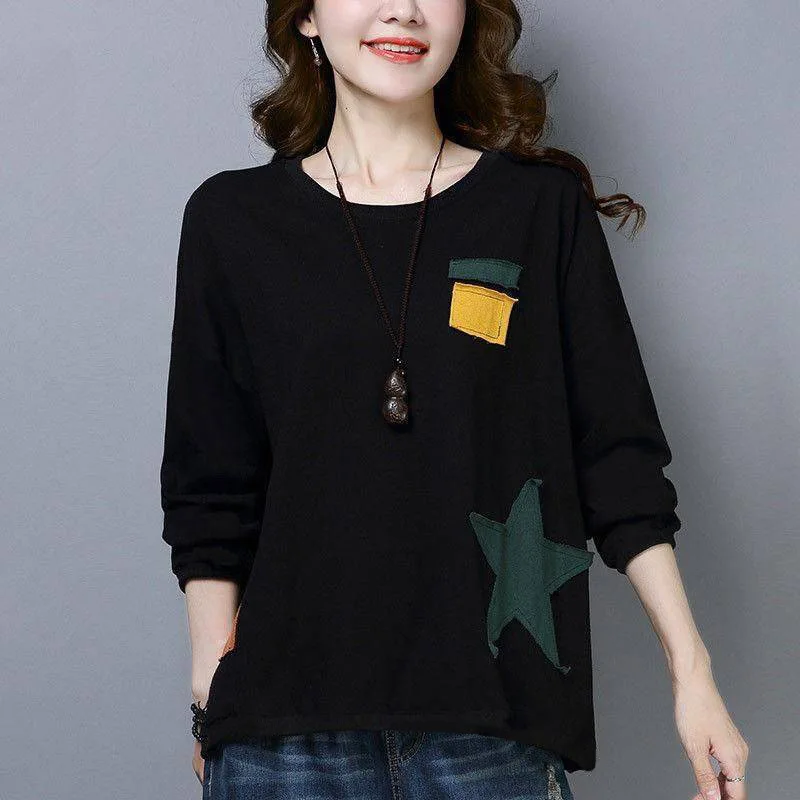 

CNACNOO Autumn Women Long Sleeve Round Neck Casual Women Loose T-shirts All-match Patchwork Cotton Blouse Vintage Pullover Tops