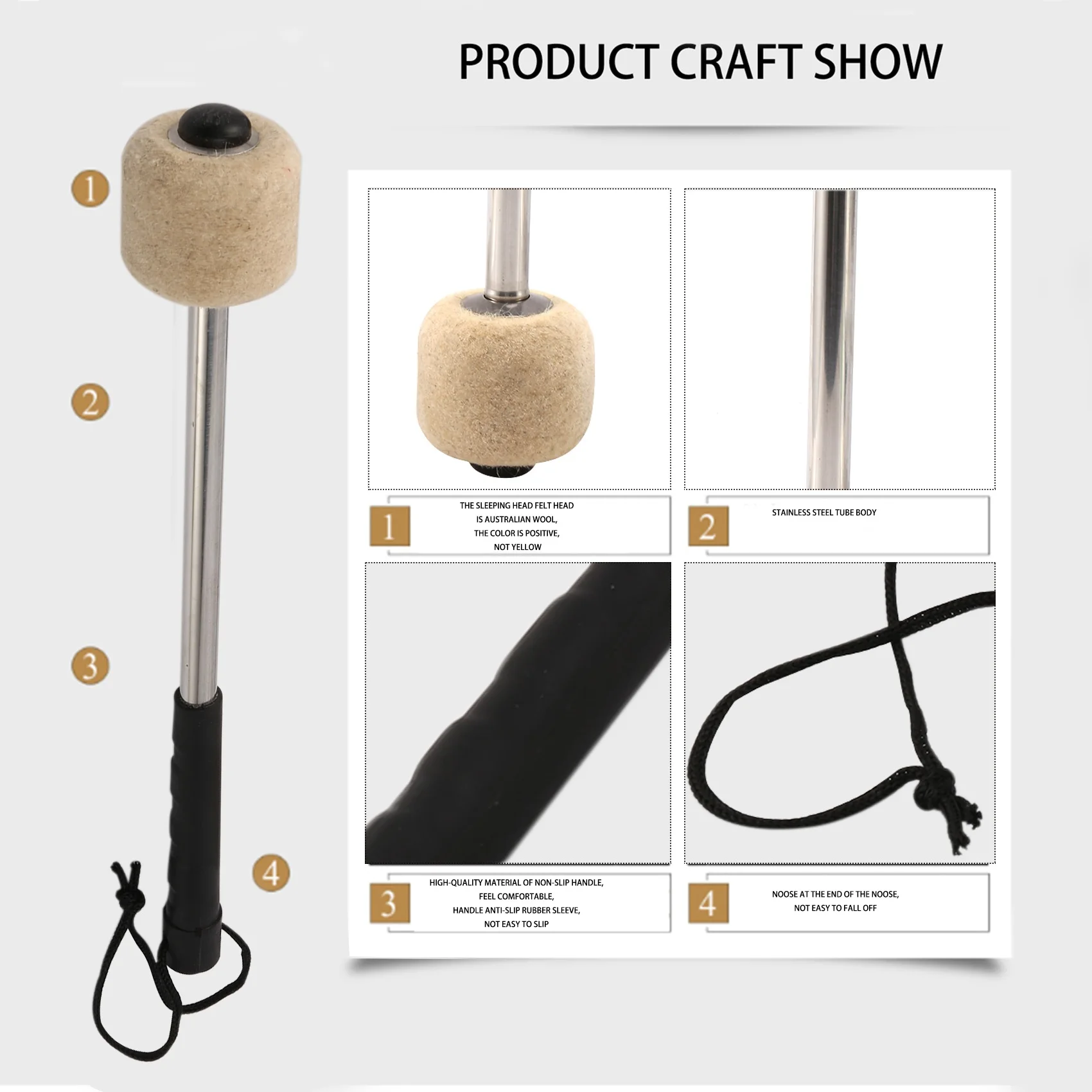 2Pcs Bass Drum Mallet Felt Percussion Mallets Timpani Sticks with Stainless Steel Handle White