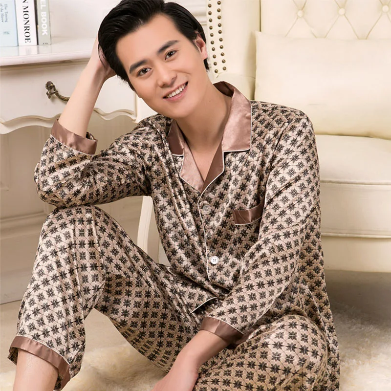 

Рубашка мужская Весенняя атласная шелковая одежда для отдыха женская одежда для сна с длинным рукавом ночная мужская одежда с принтом длинные осенние брюки пижамный комплект Пижама