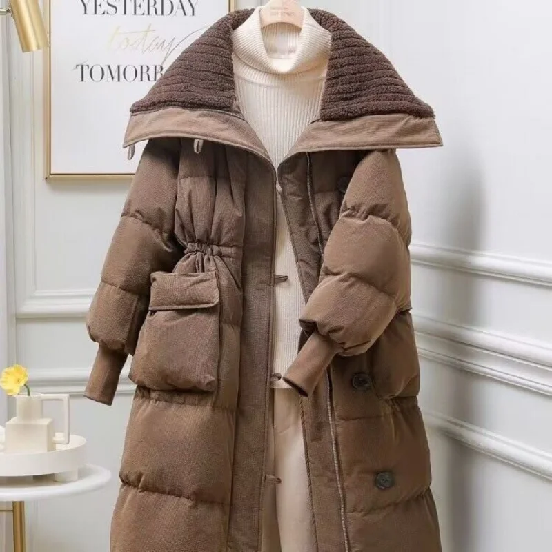 

Новинка 2023, пальто средней длины с хлопковой подкладкой, пуховик из овечьей шерсти с большими лацканами, Женское зимнее утепленное пальто высокого качества