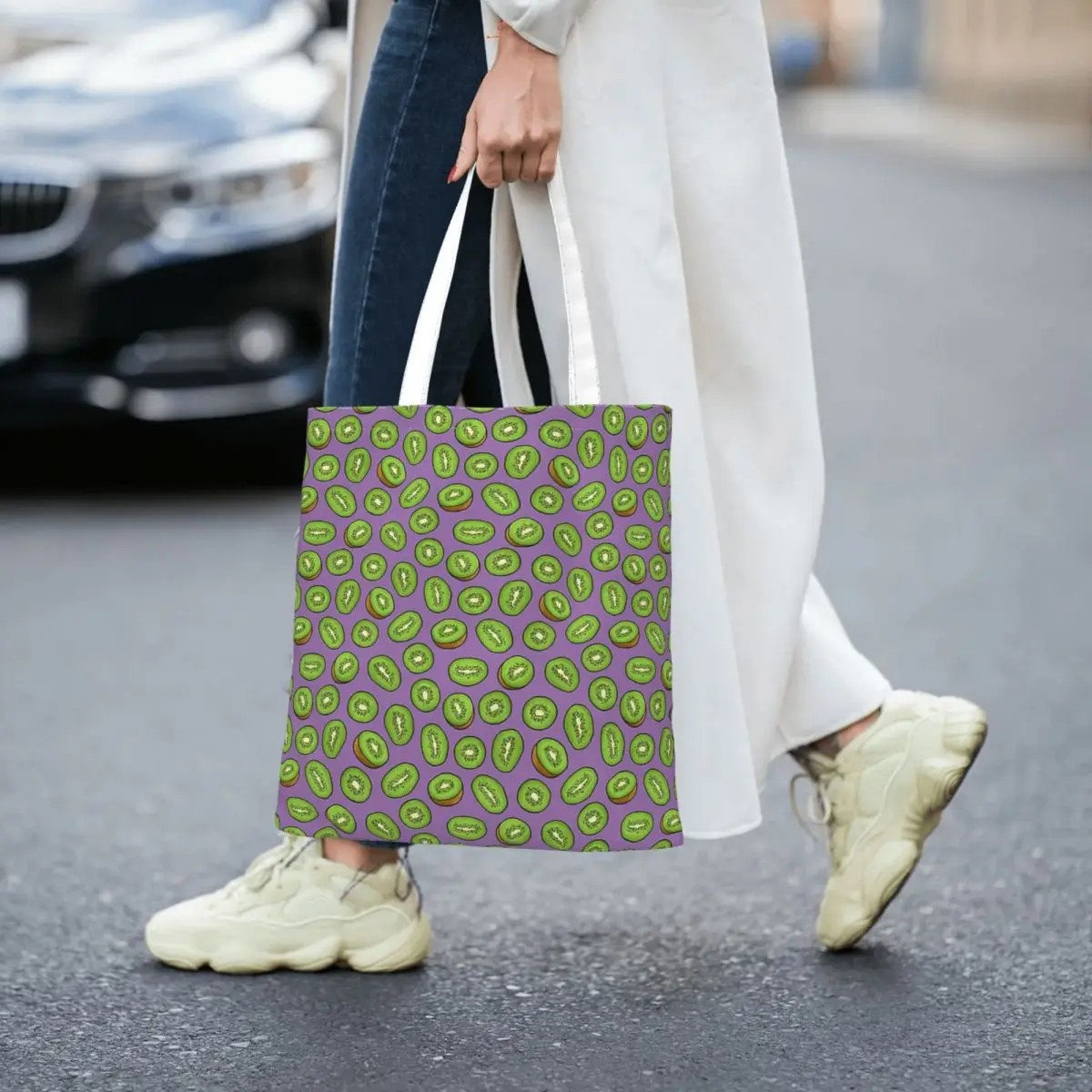 Kiwi Fruits On Purple Totes Canvas Handbag Women Canvas Shopping Bag