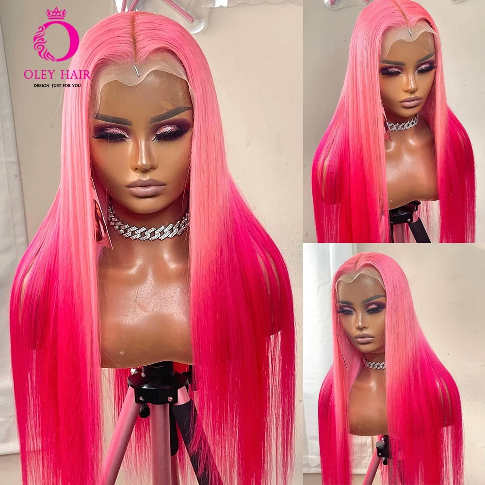 Ombre Pink Colored 30 Inch Straight 13x4 Transparent Lace Front Heat Resistant Drag Queen Preplucked Cosplay Wig For Black Women