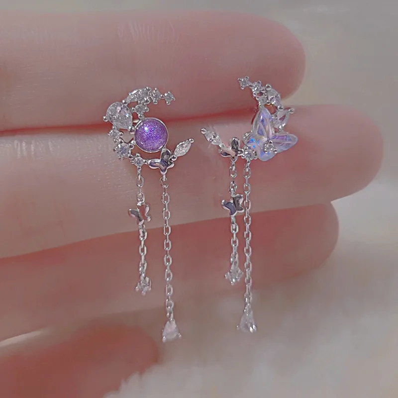 

Cute Butterfly Stud Earrings Zircon Star Moon Tassel Pendientes For Women Delicate New Fashion Asymmetric Girls Party Jewelry