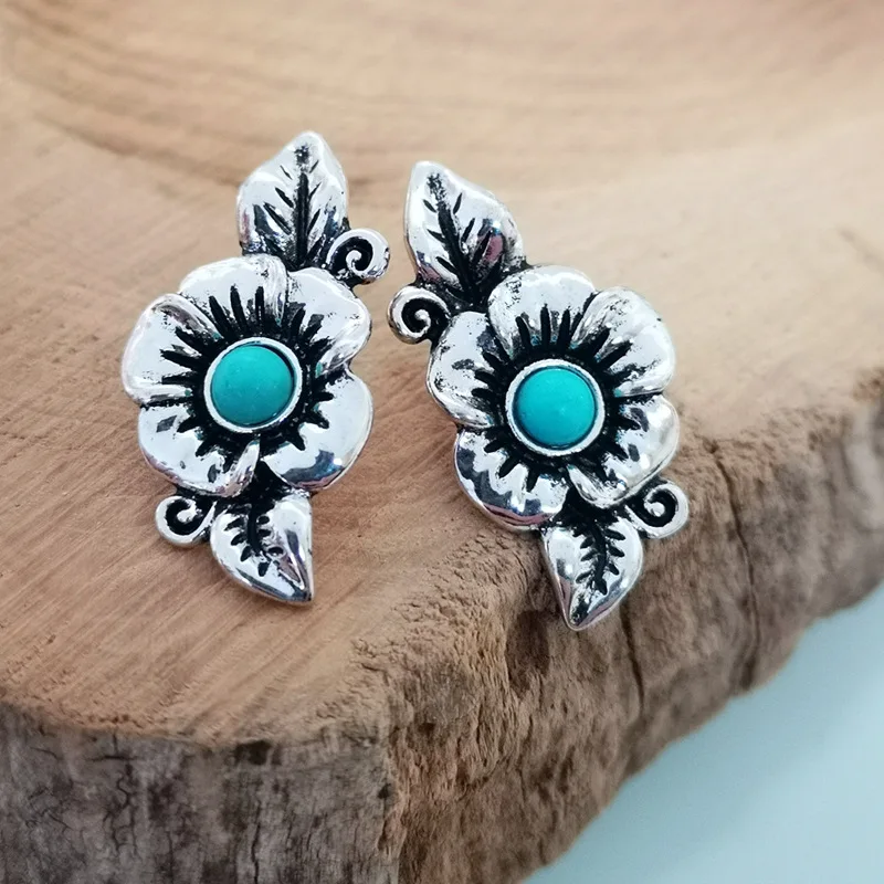 

Vintage Silver Color Leaf Rose Stud Earrings Retro Blue Natural Stone Earrings Women Bohemian Flower Earrings Wholesale