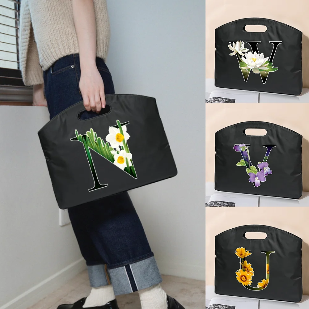 Briefcase Portable Work Business Office for Document A4 Laptop Computer Document Bag Handbag 26 Flower Color Letter Print Tote