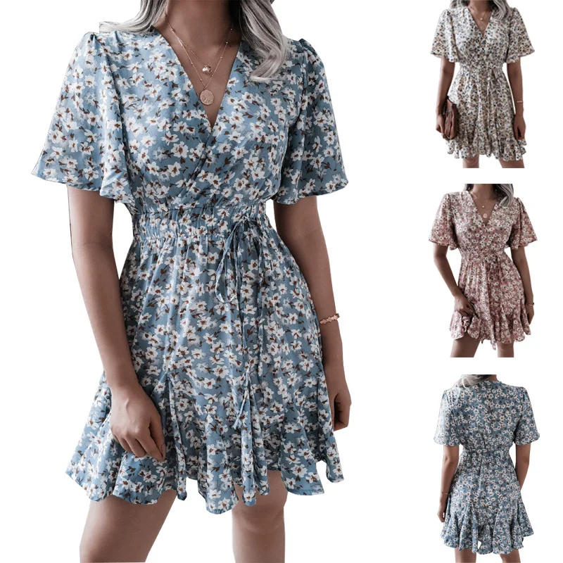 

Women Chiffon Floral Print Dress Summer Fashion Female V Neck Short Sleeve Bandage Pleated Mini Party Dresses 2022