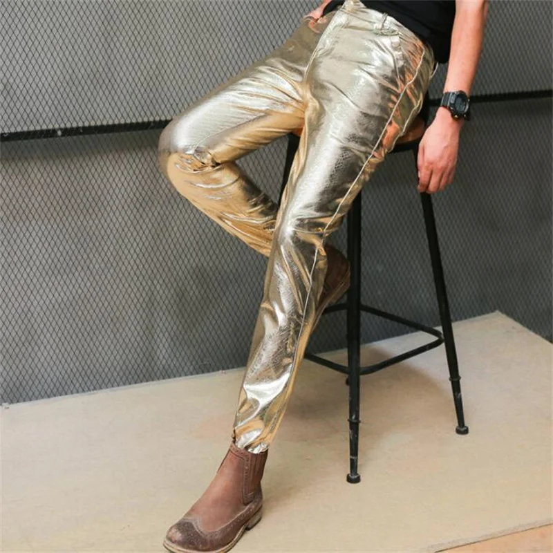 Leather pants men's autumn winter slim skinny trousers hair stylist nightclub singer stage costumes shiny gold dance
