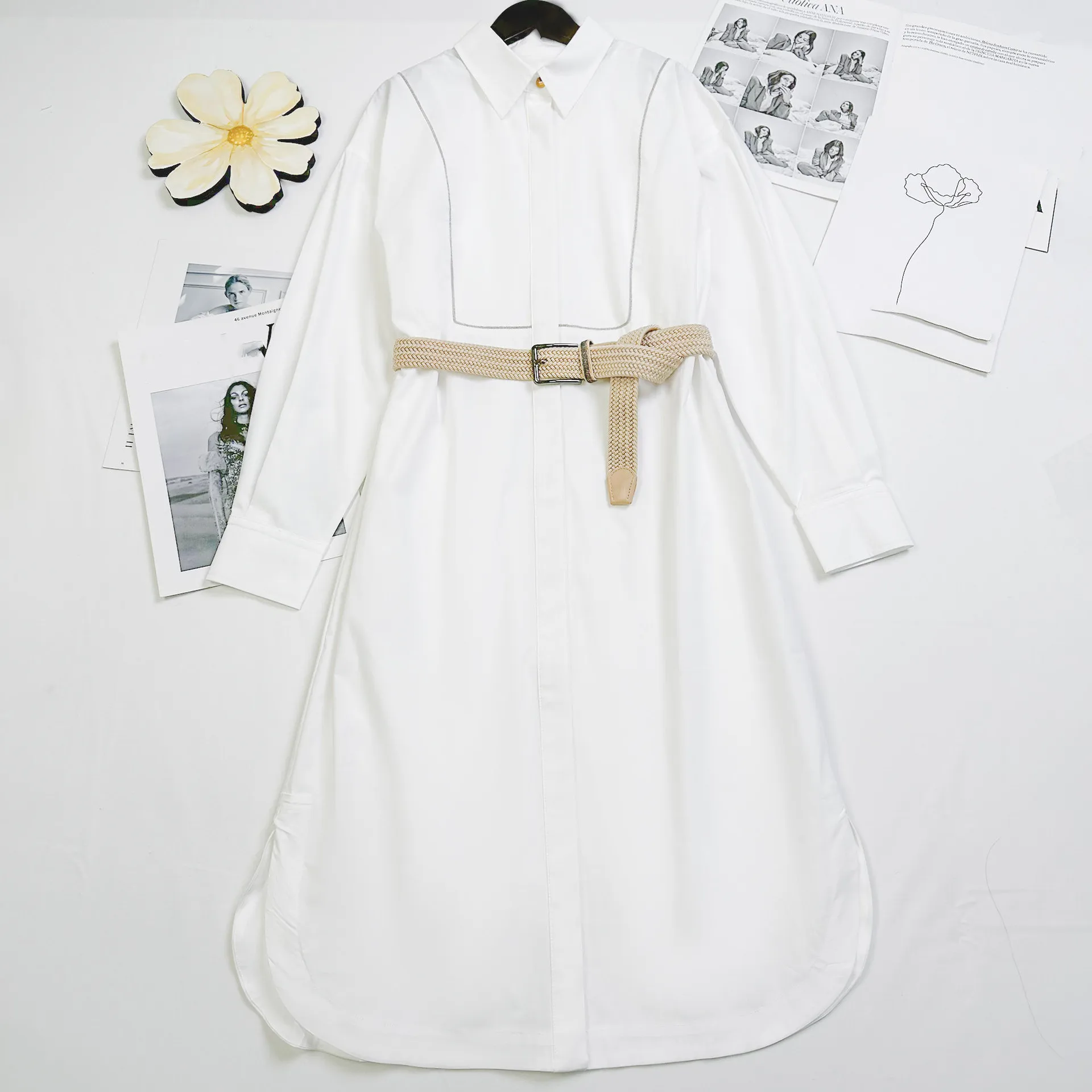 2023 Summer Women Turn-down Collar Casual Shirt Dress Ladies Beaded Decoration Long Sleeve White Simple Split Hem Long Robe