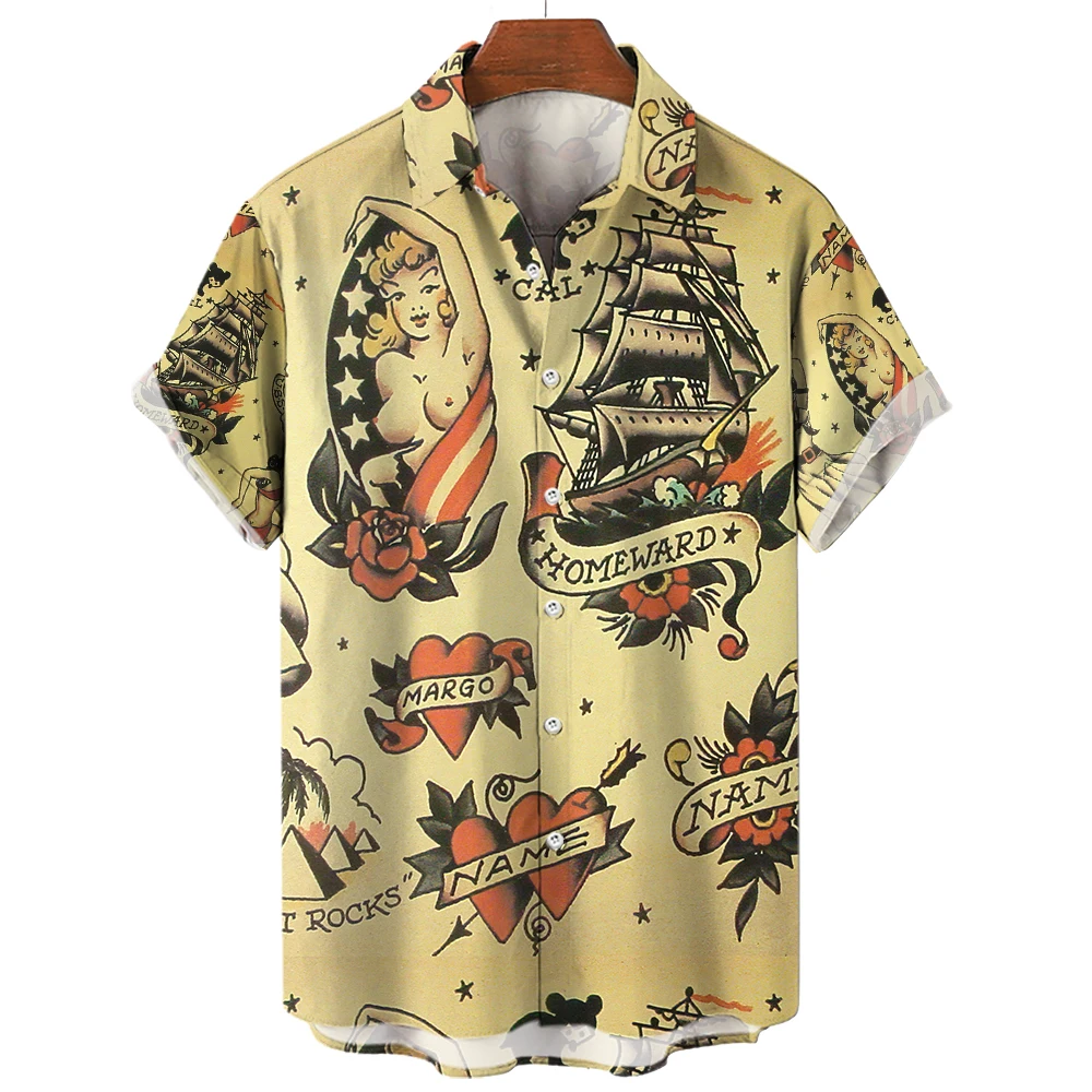 Oversized Shirts Men Hawaiian Shirt 3d Animation Casual Clothing Beach Loose Men's Blouse Vintage Short Sleeve Lapel Sweatshirt