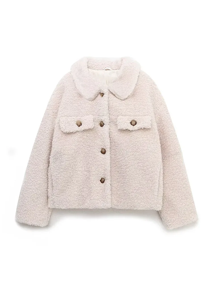 

PB&ZA Women New Fashion Fleece Shirt Jacket Vintage Lapel Long Sleeve Button Pocket All-match Casual Female Outerwear Chic Tops