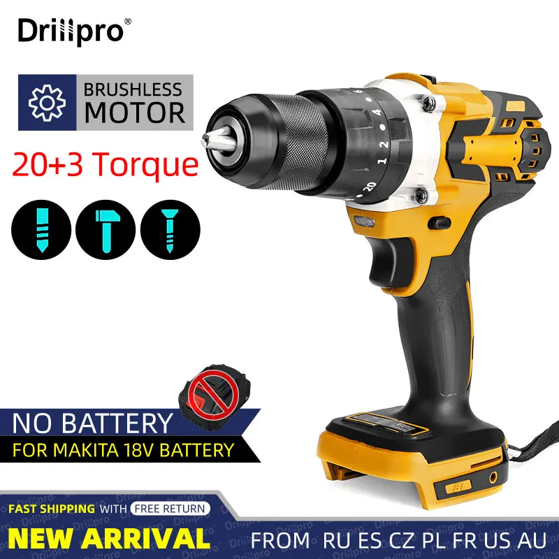 3 in 1 13mm 18V Brushless Electric Impact Drill 20+3 Torque Electric Screwdriver Cordless Hammer Drill for Makita 18V Battery