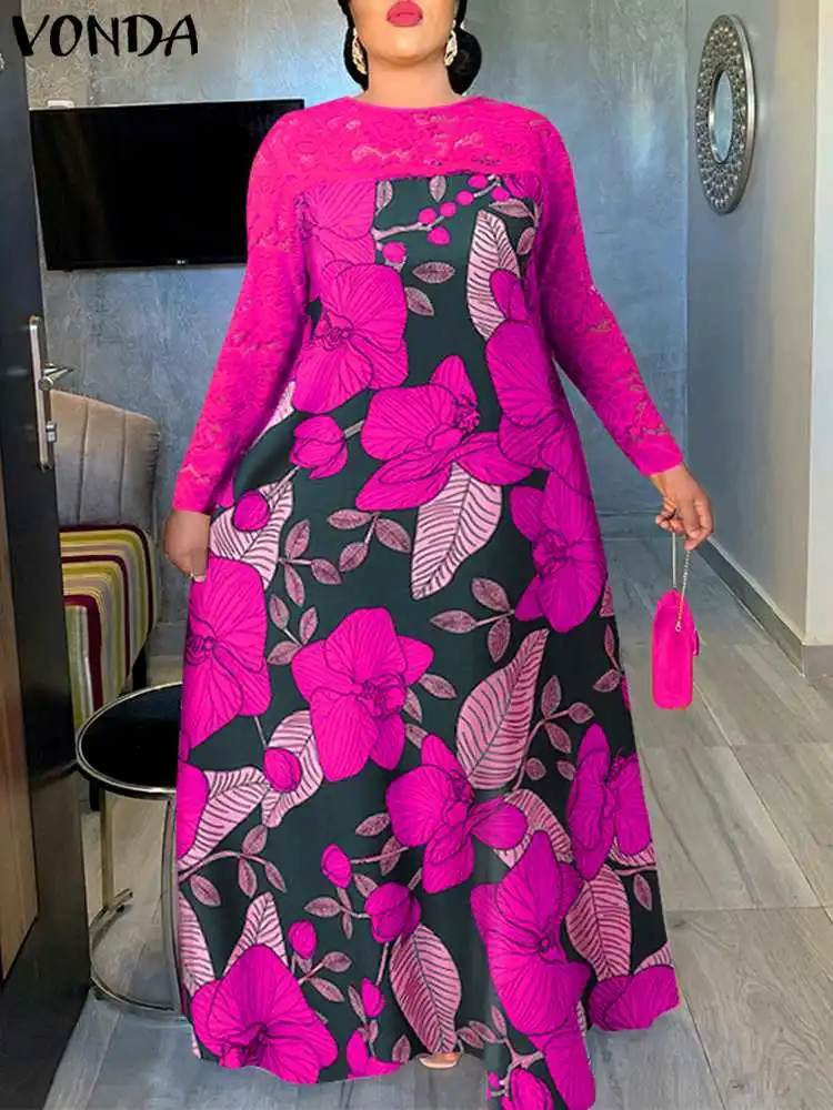 

Женское длинное платье-макси с принтом VONDA 2022, винтажный Повседневный Сарафан с длинным рукавом, кружевной пэчворк, праздничный вечерний ха...