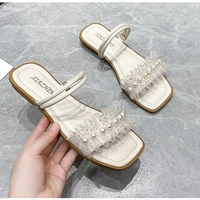 fashion square crystal pearl women sandals 2022 summer lace ruffles string bead high heels open toe fairy style female slippers