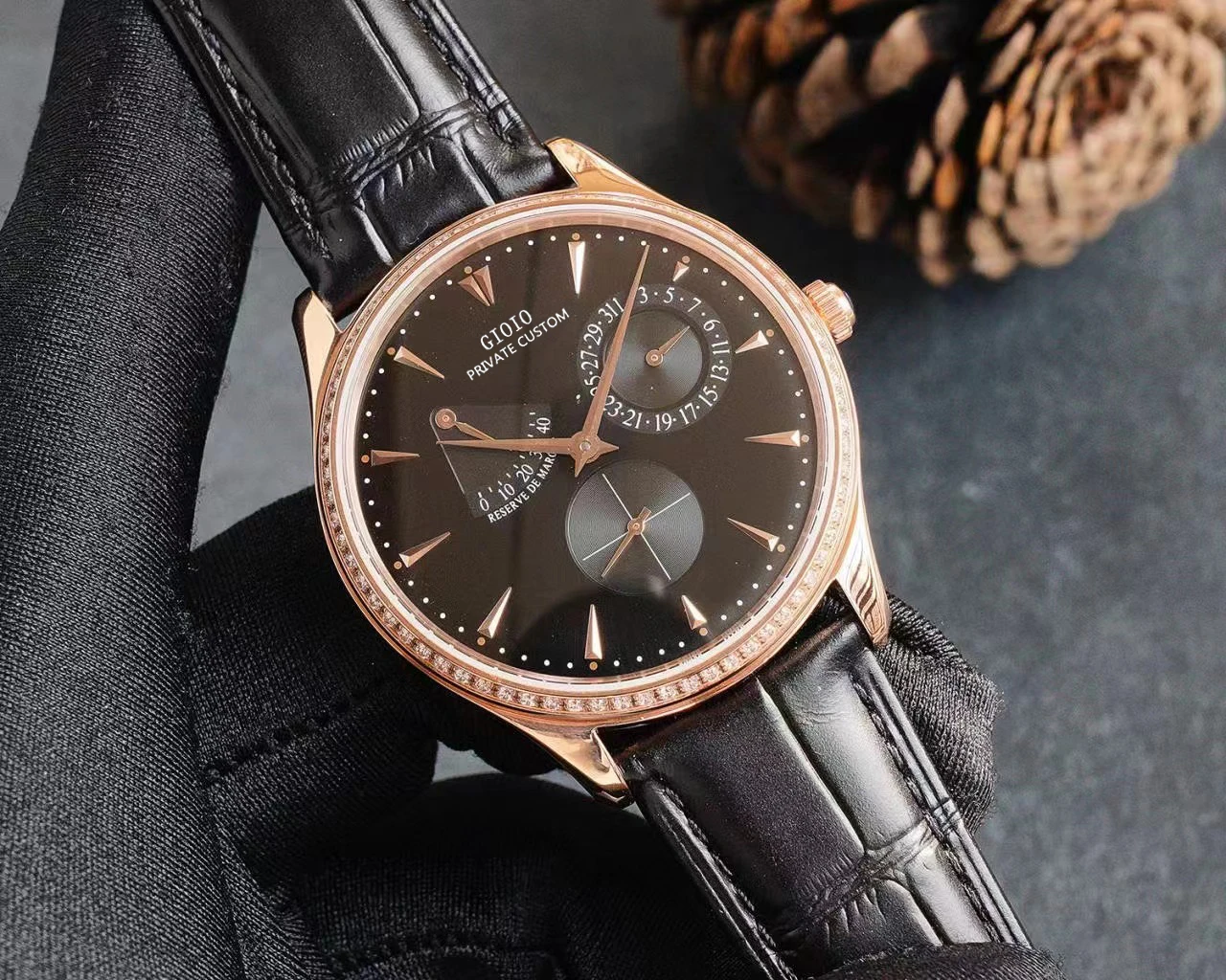

Mens Automatic Watch Mechanical Black Blue Leather Luminous Diamonds