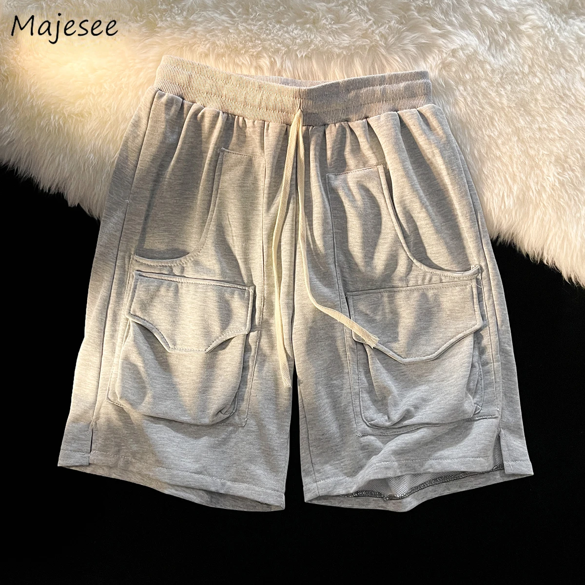 

Shorts Men Multi Pockets Summer Streetwear Baggy Fashion Drawstring Pure Color Teens Breathable Simple Design Elastic Popular