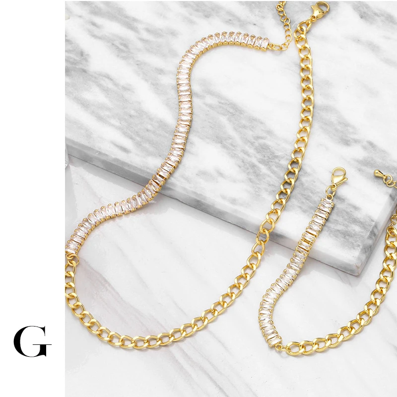 

Ghidbk New Fashion Half Tennis Baguette Half Cuban Chain Necklace Bracelet Set Female Rectangle Cubic Zirconia Choker Collar