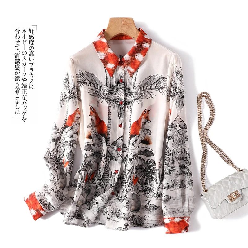

See Through Print Shirt 100% Natural Silk Long Sleeve Tops Women Luxurious High Quality 2022 Thin Chinese Style Fashion Clothes