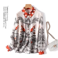 see through print shirt 100 natural silk long sleeve tops women luxurious high quality 2022 thin chinese style fashion clothes