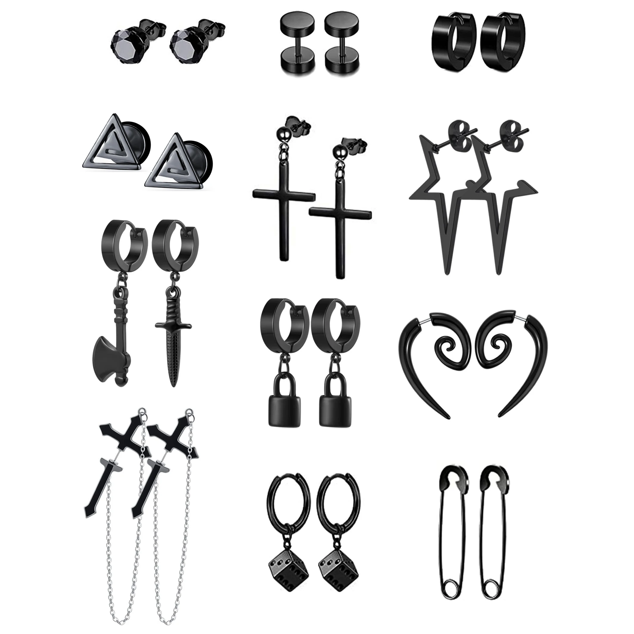 

WKOUD 1-12 Pairs Stainless Steel Black Earrings for Men Women Punk Stud Dangle Earrings Cross Statement Huggie Hoop Earrings Set