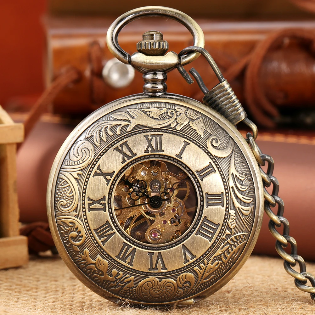 Double Cover Bronze Roman Numeral Carved Display Manual Mechanical Pocket Watch Luxury Vintage Antique Hand Winding Pocket Clock
