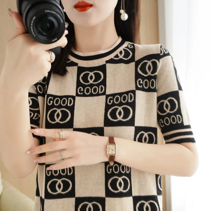 

Cotton And Linen Knitted T-shirt Women's Round Neck Color Matching Summer New All-Match Loose Short-Sleeved Fashion Vest Top