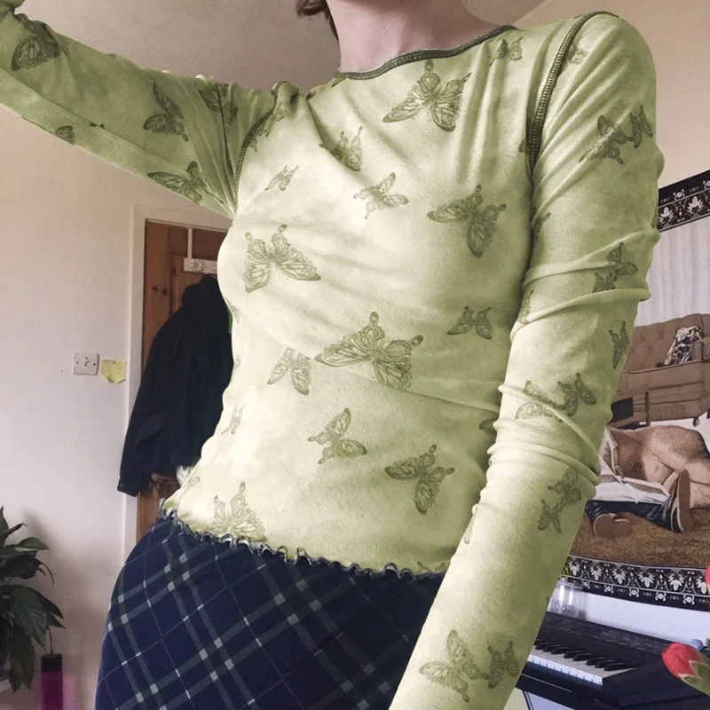 

Женская футболка с длинным рукавом, винтажная Сетчатая футболка составного кроя с расклешенным рукавом и принтом, уличная одежда, осень 2021