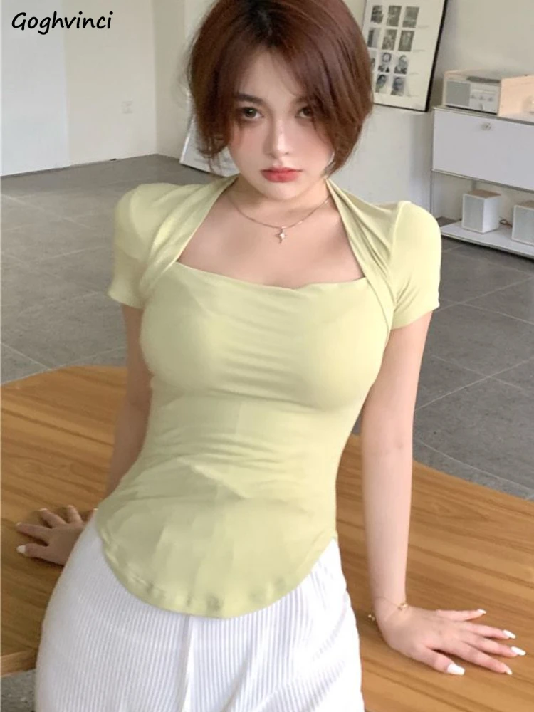 

T-shirts Women Slim Sexy Minimalist Pure All-match Basic Korean Style Hot Girls Asymmetrical Retro Fashion Casual Cozy Cropped