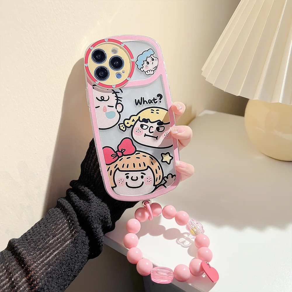 

For Iphone 14 13 12 11 Pro Max Back Cover Cute Anime Girl Pink Frame Round Bead Lanyard The Soft Silicone Transparent Phone Case