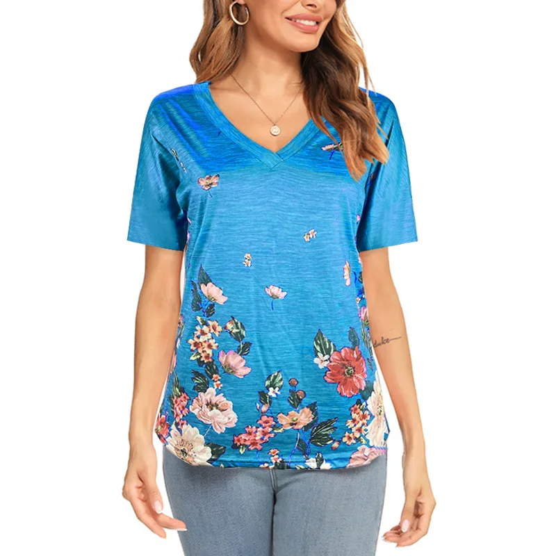 

Женская футболка с коротким рукавом, V-образным вырезом и цветочным принтом
