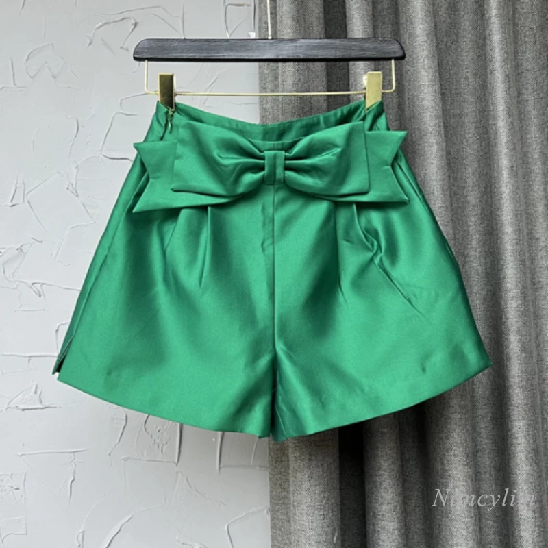 

2022 Spring Summer Green High Waist Bow Shorts Women's Fashion Casual Wide Leg A- Line Short Office Ladies Outwear