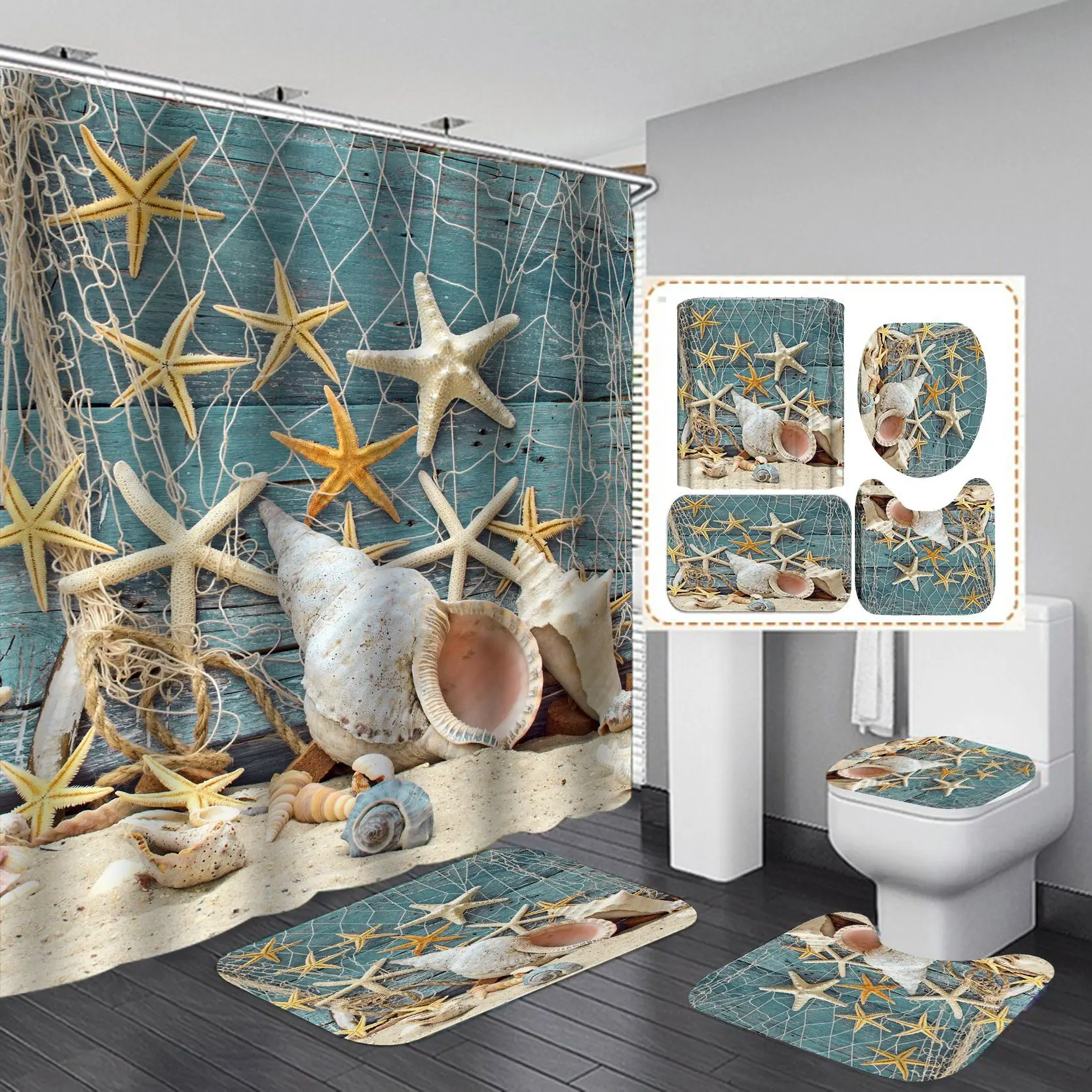 

Shell Beach Starfish Print Shower Curtain Set Bathroom Bathing Screen Anti-slip Toilet Lid Cover Carpet Rugs Home Decor