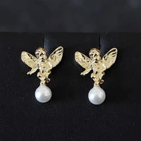 vintage cupid angel stud earrings for women elegant retro french gold color angel pearl pendant earring girls party jewelry