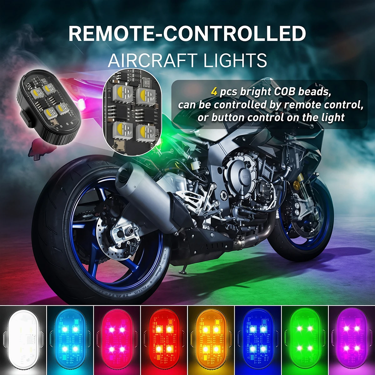 Фото RGB светодиодный стробоскоп для мотоцикла, светодиодная вспышка с беспроводным дистанционным управлением, сигнальные огни для самолетов, вертолетов с зарядкой через USB. №2