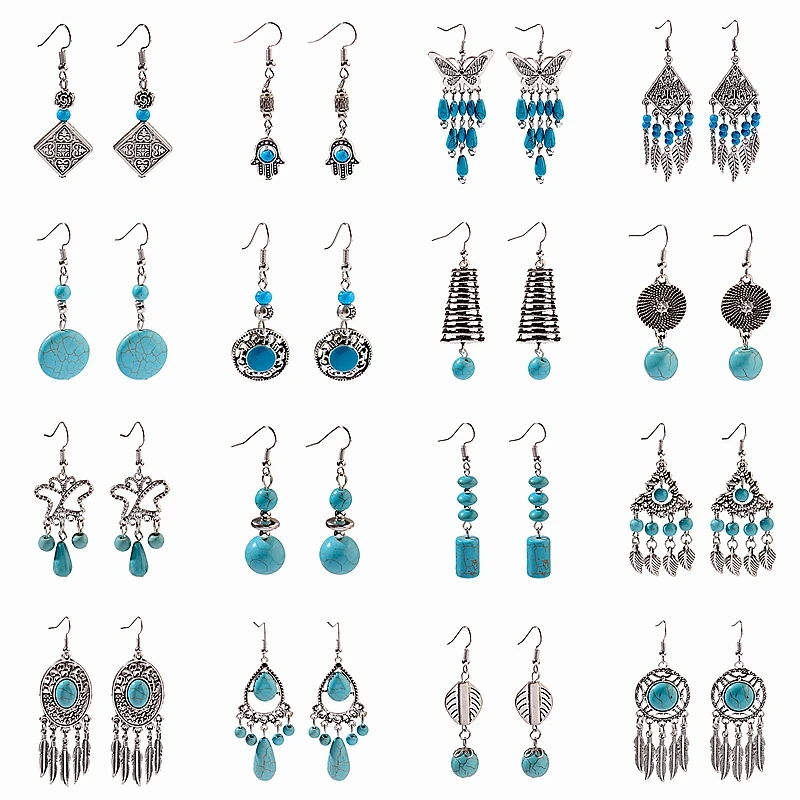 

Ethnic Turquoises Earrings For Women Tibetan Silver Butterfly Geometry Tassel Dangle Earrings Wholesale