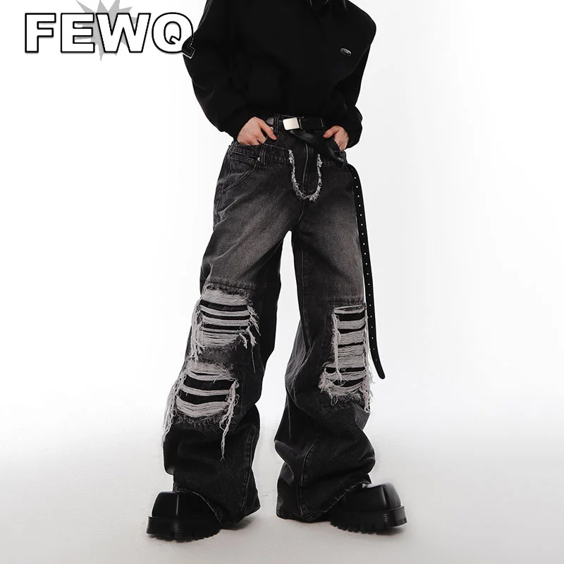 

FEWQ New Fashion Washed Damaged Jeans Niche Double Waist Design Pant High Street Solid Color Straight Denim Pants 2023 9A6644