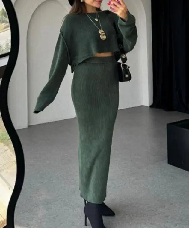 Женская Осенняя одежда модный топ с коротким рукавом и юбка высокой талией