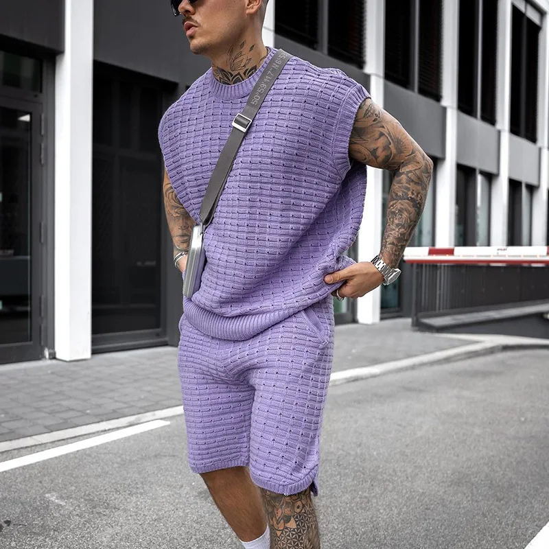 

SALSPOR Casual Shorts Men's Hollow Knitted Short Sleeve Vest Fashion Solid Color Suit Men's Retro Fast Dry Clothes 2 Sets