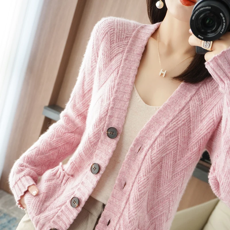 100% Pure Wool Ladies Cardigan V-Neck Solid Color With Pocket Autumn And Winter New Cashmere Sweater Fashion Loose Top Sweater