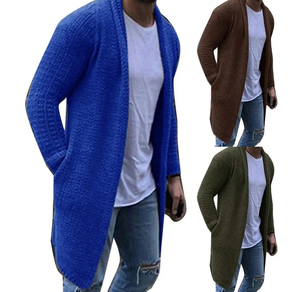 Fashion Men Solid Color Open Front Knit Sweater Coat Loose Pocket Long Cardigan Sweaters Cardigan