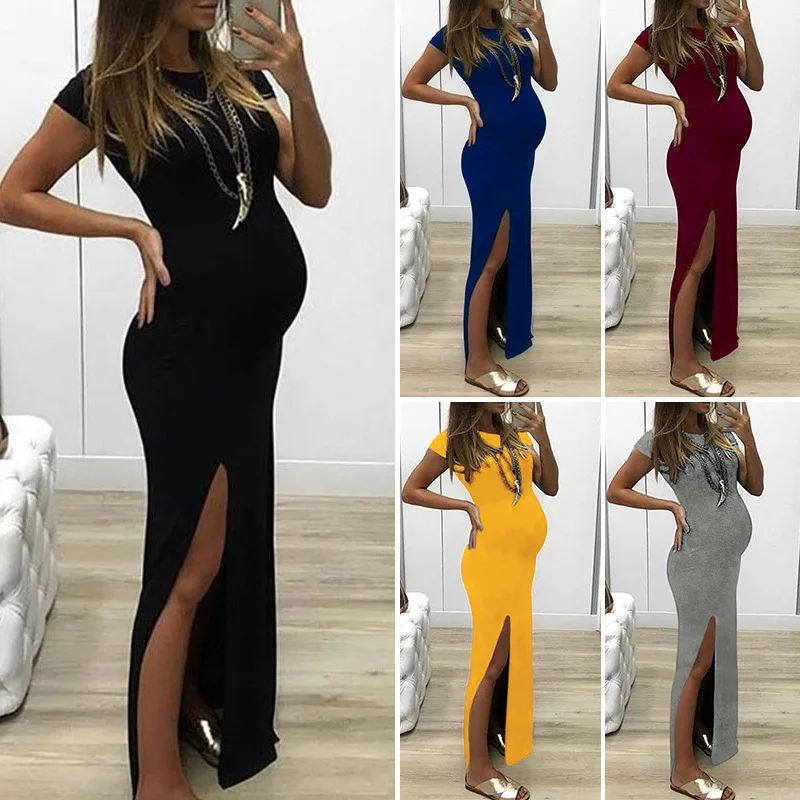 

Maternity Wear Fashion Women's Solid Color Round Neck Short-sleeved Tight-fitting Slit Dress Pregnant Women Sexy Summer Clothes