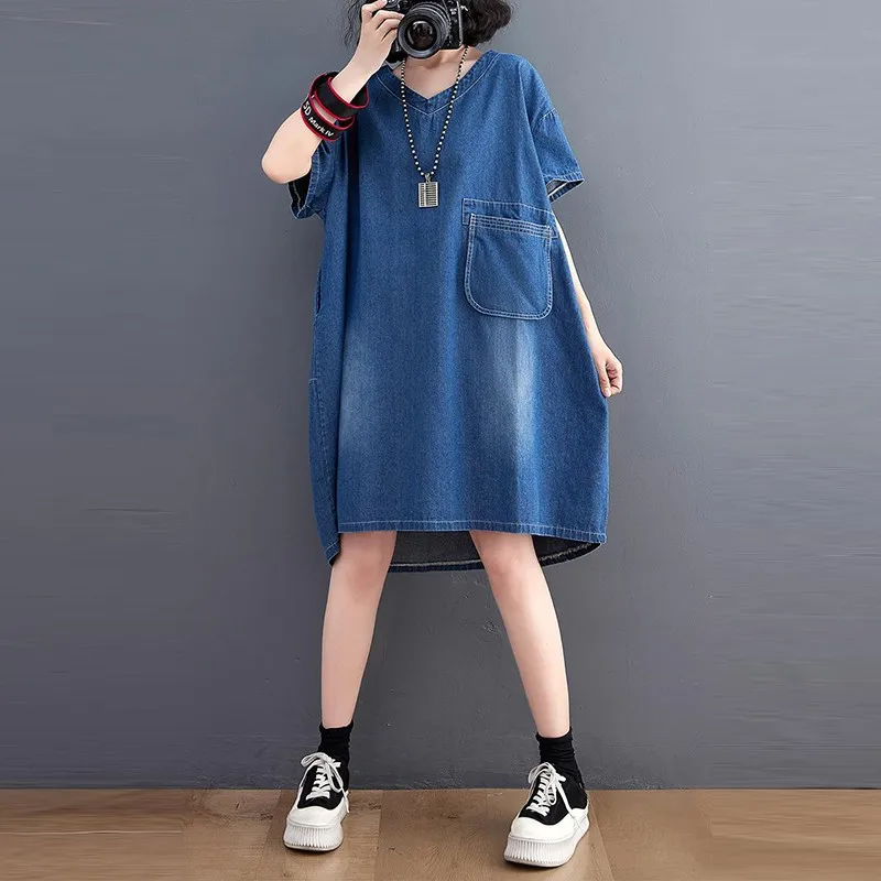 

Женское хлопковое джинсовое платье, свободное синее винтажное платье до колен с коротким рукавом и V-образным вырезом, с одним карманом, C887, лето 2023