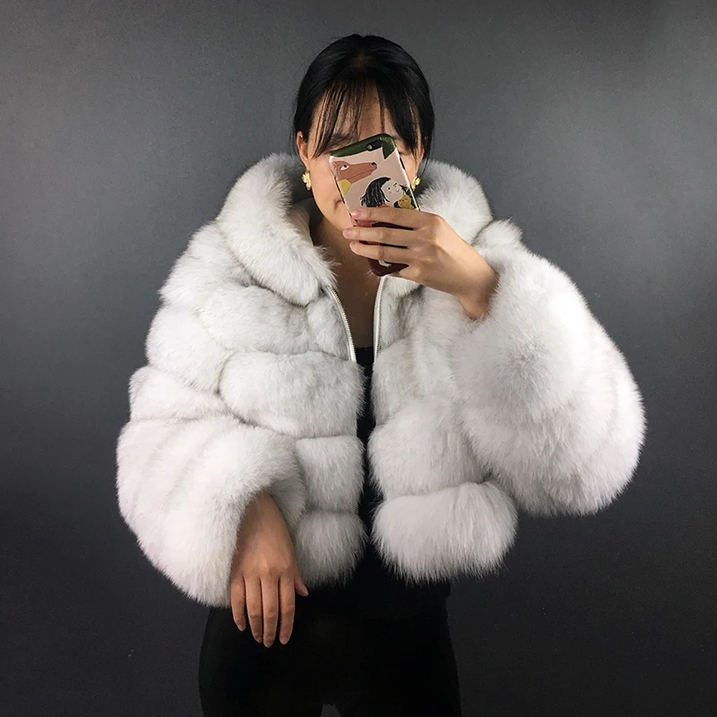 Real Fox Fur Hoodie Crop Coat Women Natural Fur Jacket With Hood Zipper Winter Fashion Warm Temperament Outwears For Women enlarge