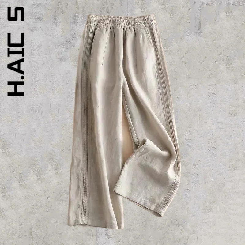 

H.Aic S New Pants Trousers Women Quality Korean Pants For Women Chic Bottoms Leg Cotton Linen High Waist Baggy Female Clothes