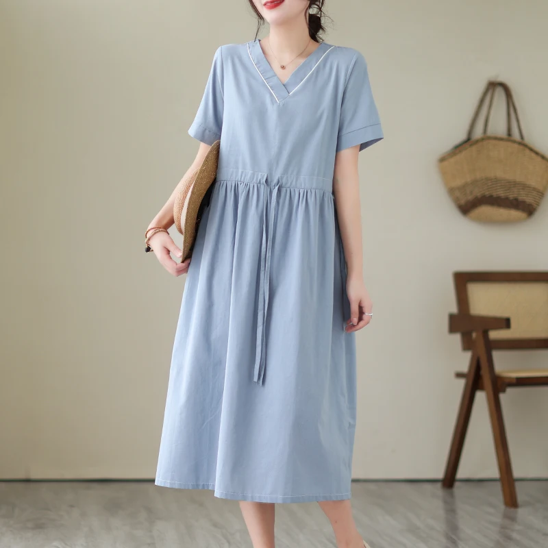 Cotton Linen Dress V-Neck Loose Mid Long Dress 2023 Summer Vintage Casual Streetwear Style